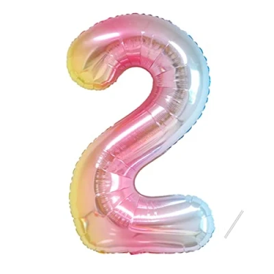 Afbeelding van Partyhausy Verjaardagsnummer ballon 2 jaar Folieballon XXL regenboog kleurverloop reuzenballon in 40 inch 101 cm verjaardagsdecoratie cijfer decoratie voor verjaardag vliegt met helium
