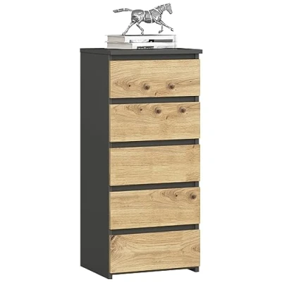 Afbeelding van AKORD Commode met 5 schuifladen, rolladen, ladekast, kledingkast, dressoir plank, robuust, universeel design, grafietgrijs Artisan eiken