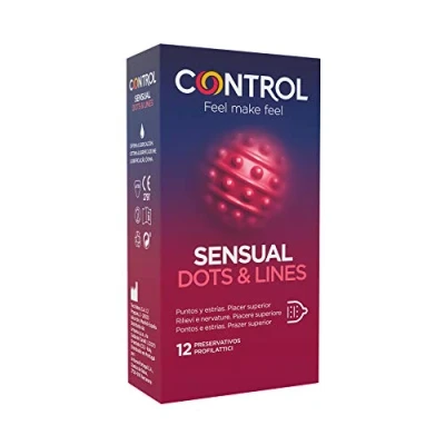 Afbeelding van Control Sensual Dots &amp; Lines condooms met punten en striae voor stimulatie, gesmeerd gegroefd, perfecte pasvorm, veilige seks, 12 stuks