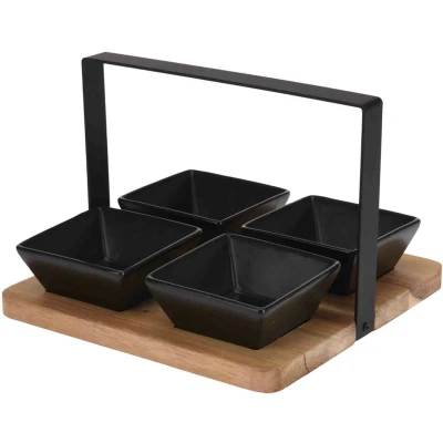 Afbeelding van Excellent Houseware serveerplank 4 schaaltjes hout keramiek 22 cm