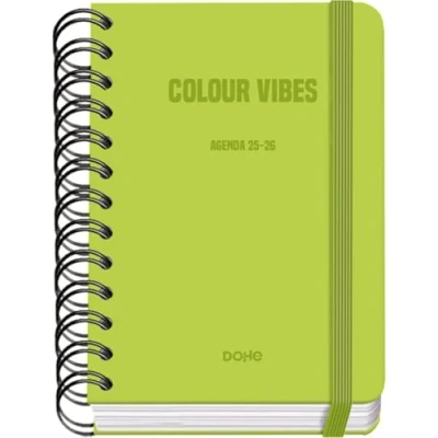 Afbeelding van Dohe Schoolagenda 2025 2026 Dag per Pagina, Formaat A6 (12x17 cm), Spaans en Engels, Dubbele Spiraalbinding Elastieksluiting, Harde Kaft, 4 Stickervellen COLOUR VIBES Lime