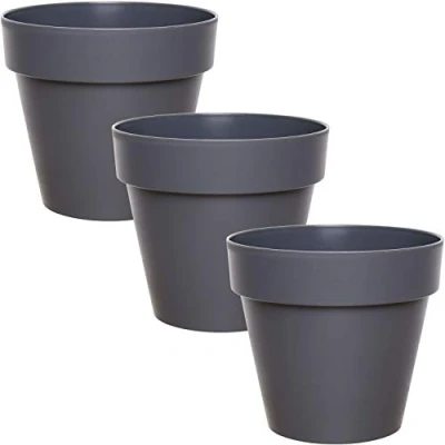 Afbeelding van idea station IBI kunststof bloempotten 3 stuks, 14 cm, antraciet, rond, bloempot, bloemenvaas, plantenbak, plantenpotten, plantenpot, kruidenpot, binnen, buiten, onbreekbaar