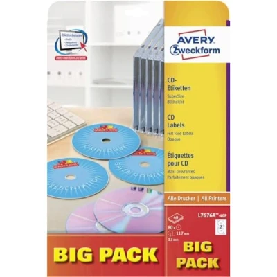 Afbeelding van Avery Zweckform L7676A 40P Ø 117 mm Papier Wit 80 stuk(s) Permanent Inkt, Laser