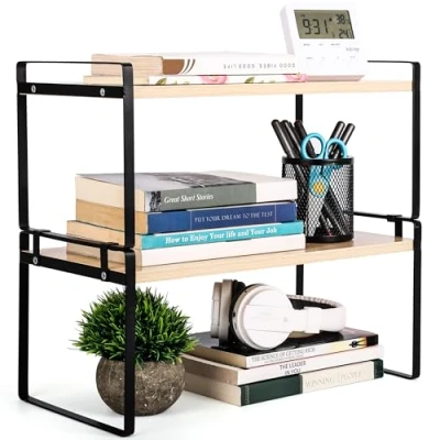 Afbeelding van Belle Vous Wooden Desktop Organiser Shelf Stackable 2 Tier Storage Rack for Home Table, Kitchen or Desk Freestanding Display Books, Decor Office Supplies Brown and Black