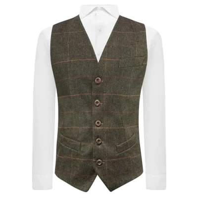 Afbeelding van King &amp; Priory Luxe Olijfgroen Visgraat Geruit Vest Tweed, Olijfgroen, XXL