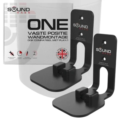 Afbeelding van 2 x Muurbeugel voor ONE, ONE SL &amp; Play: 1, dubbelverpakking, zwart, compatibel met de speaker van Sonos PLAY1, ontworpen in het Verenigd Koninkrijk