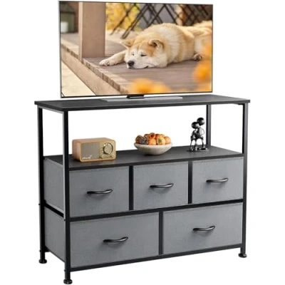 Afbeelding van DUMOS commodes met laden en dressoirs geschikt voor slaapkamer, comodenkast 5 laden, tv kast stabiel stalen frame, ideaal woonkamer (grijs)