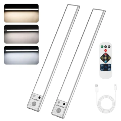 Afbeelding van EverBrite Onderbouwlamp 2 stuks met bewegingssensor en afstandsbediening, onderkast verlichting 2200mAh accu, 3 kleurtemperaturen, modi voor keuken, kast, trap