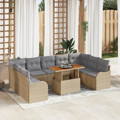 Afbeelding van vidaXL 10 delige Tuinsalonset met Kussens Beige Poly Rattan Acacia