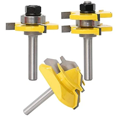 Afbeelding van Asnomy, 3 delige freesset, 8 mm, frees voor 45 graden sneden + lipjes en groeven, T punten houtbewerkingsgereedschap, doe het zelvers.
