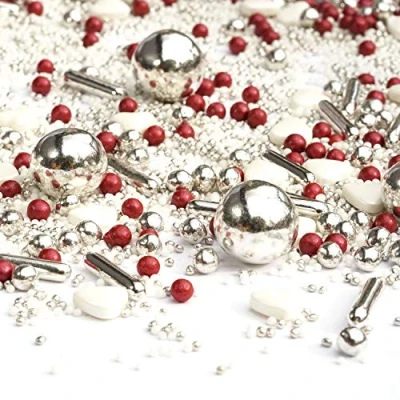 Afbeelding van STREUSEL Sissi wit zilver rood 90 g suikerstrooisel hart Valentijnsdag GLÜCK suiker strooisel ter versiering van koekjes taarten cakes muffins cupcakes oudejaarsavond party