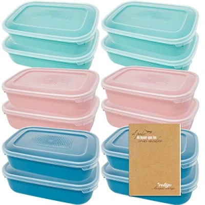 Afbeelding van Codil Set voedselcontainers van kunststof, rechthoekig, herbruikbaar, met voedseldeksel, BPA vrij, magnetronbestendig, vaatwasser en vriesbestendig, roze, groen blauw, 12 x 0,8 l
