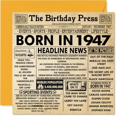 Afbeelding van 77e verjaardagskaarten voor mannen vrouwen geboren in 1947 krant Happy 77 verjaardagskaart opa oma Nan Vintage Retro terug 1947, 145 mm x zevenenzevenenzeventig zeventigste