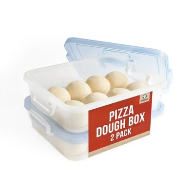 Afbeelding van Chef Pomodoro Grote pizzadeegbestendige doos met 2 trays en deksels, 17,3 x 13,4, pizzadeegcontainer deksel, geschikt voor 6 8 deegballen, pizzadeegschaal handige draaggreep (blauw)