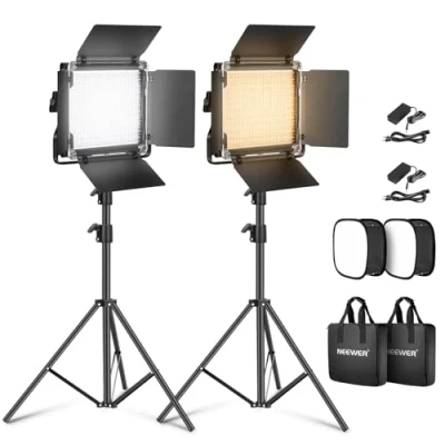 Afbeelding van NEEWER 660 LED videolichtpaneel 2 set met statief/opvouwbare diffuser: (2) Bi Color CRI96+ videolamp barndoor, 75 inch lichtstandaard voor fotografielamp Videoverlichting Studiofilmlamp