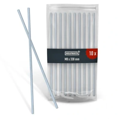Afbeelding van HELPMATE schroefdraadstang M8 x 330 mm van verzinkt staal, 10 stuks met metrische volledige schroefdraad, schroefdraadstift sterkteklasse 4.8, DIN 976