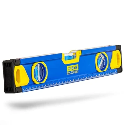 Afbeelding van S&amp;R Aluminium waterpas magnetisch met 3 schokbestendige libellen: horizontaal / verticaal 45 graden, goed leesbare cm schaal, 0,5 mm/m nauwkeurige nauwkeurigheidsklasse 1, anti stoot eindkappen