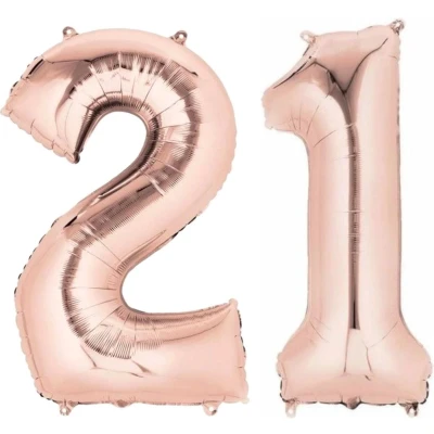 Afbeelding van Ballon Cijfer 21 Jaar Roségoud 36Cm Verjaardag Feestversiering Met Rietje
