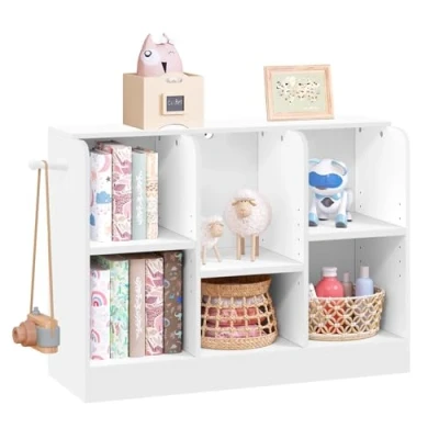 Afbeelding van Lestarain boekenkast voor kinderen, 6 vakken, Montessoriaans met verstelbare planken, opbergkast speelgoed, boeken en kleding, kast kinderkamer, wit, LETSJF0016