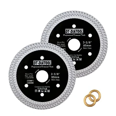 Afbeelding van DT DIATOOL Diamanttegelblad, 85 mm, set van 2 stuks, snijden porselein, tegels, keramiek, marmer, graniet, cirkelzaagblad met X mesh segment Arbor 10 mm 15