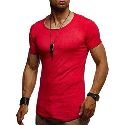 Afbeelding van Leif Nelson T shirt voor heren, zomer, ronde hals, 100% katoen, regular fit, kraag, casual basic heren met korte mouwen, rood, L