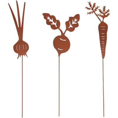 Afbeelding van UNUS® tuinpalen wortelgroenten set van 3 metaal roestlook decoratie en bedmarkering voor tuin