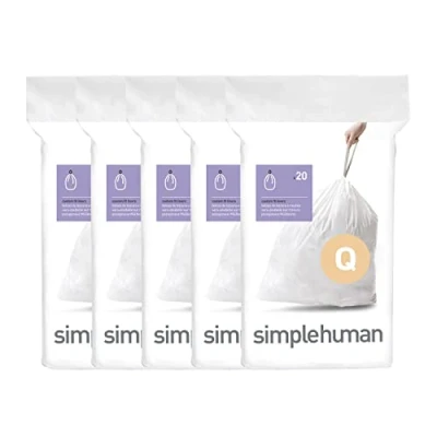 Afbeelding van simplehuman Code Q 100 Count, Echte Custom Fit Liners, Trekkoord Vuilniszakken in Dispenser Packs, 50 65 Liter / 13 17 Gallon, Wit