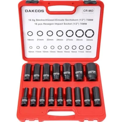 Afbeelding van DAKCOS 16 stks 1/2 &quot;Slagmoersleutels Noten Set 10 32mm Hex Power Socket Impact Moeren, CR MO