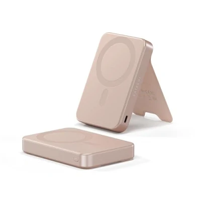 Afbeelding van Satechi OntheGo Power Bank, Qi2 Bank 10000mAh, 15W Snelladen, Draagbare batterij met standaard voor iPhone &amp; Android Desert Rose