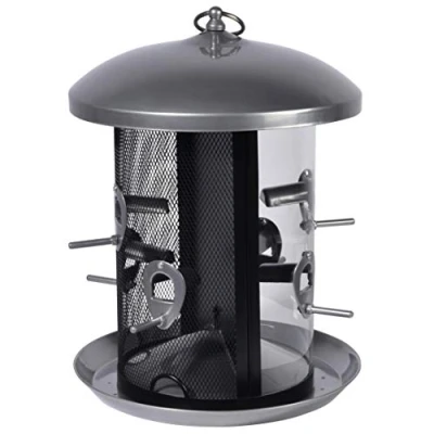 Afbeelding van dobar® XXL voederzuil voor het hele jaar door hangend, vogelvoederdispenser met dual silo, metalen voederstation om op te hangen, vogelvoederzuil, zammerijen/noten, 20 x 32 cm, grijs