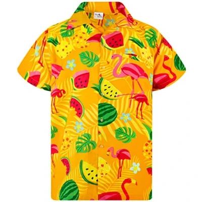 Afbeelding van Funky Hawaiiaans Overhemd, Hawaii Korte Mouw, Flamingo Melon, Geel, L