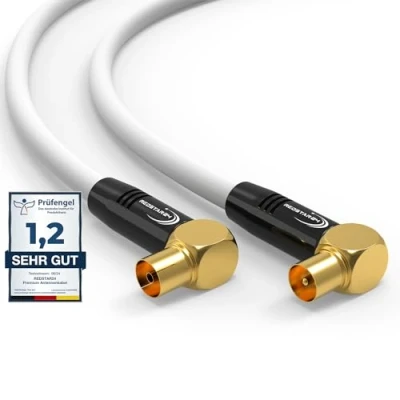 Afbeelding van RedStar24 Antennekabel, 10 m, wit, 90 graden haakse coax, stekker naar bus, premium HDTV coaxkabel voor kabeltelevisie, tv kabel: compatibel met TV, radio, DVB T/T2, C, DAB
