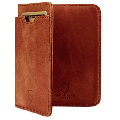 Afbeelding van Vaultskin CITY Slim Card and Cash Wallet with RFID Protection Top Quality Italian Leather Ultra Thin Front pocket Holder Designed For Up To 8 Cards (Cognac)