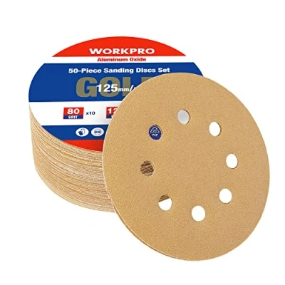 Afbeelding van WORKPRO 50 stuks schuurschijven 125 mm, 80 120 240 gemengde grits haak en lus schuurpapier, 3 keer sterkere orbitale met 8 gaten, ideaal voor slijpen, polijsten roestverwijdering