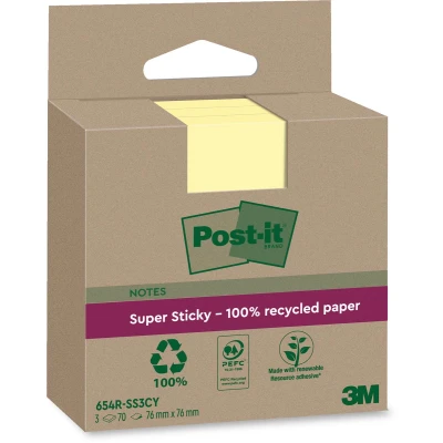 Afbeelding van Post it Super Sticky Notes Recycled, 70 vel, ft 76 x mm, geel, pak van 3 blokken memoblok