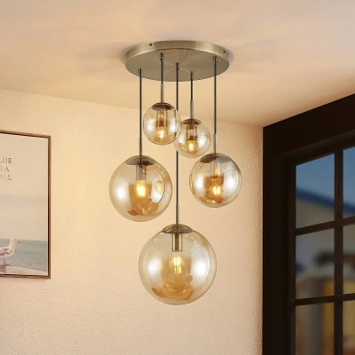 Afbeelding van Lindby hanglamp 5lichts glas, staal E27 amber, oudmessing