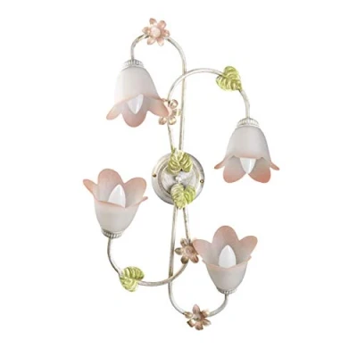Afbeelding van ONLI plafondlamp 4 lampen in wit metaal en goud versierd met groene bladeren roze bloemen