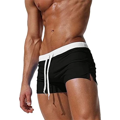 Afbeelding van zwembroek voor heren Sneldrogende zwemshorts Verstelbare boxershort met trekkoord en rits aan de achterkant, Zwart, S