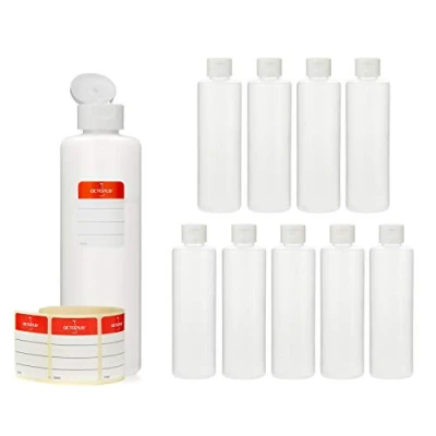Afbeelding van Octopus 10x 250 ml kunststof flessen, HDPE flessen met witte flip top sluiting, lege scharniersluiting, ronde incl. etiketten