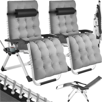 Afbeelding van tectake® 2 x Opklapbare Ligstoel Ligbed Tuinligstoel Traploos verstelbaar Buitenfauteuil voor balkon of tuin met extra dik kussen Relaxligstoel Belastbaar tot 200 kg Grijs Set van