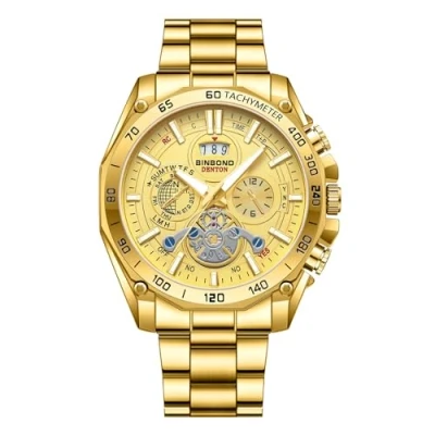 Afbeelding van JewelryWe Horloges heren roestvrij staal tourbillon: luxe datum kalender 30 m waterdicht analoog kwarts polshorloge mannen goud armband horloge met ronde tourbillon wijzerplaat en