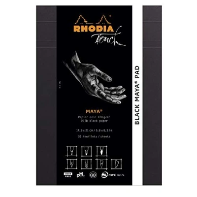 Afbeelding van RHODIA TOUCH 116110C Block Black Maya Pad A5 50 vellen Clairefontaine papier uni zwart 120 g/m? voor kalligrafie en tekening met potlood, liner, veer