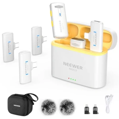 Afbeelding van Neewer Draadloos Lavalier Microfoon Systeem voor iPhone, Mini Clip op Revers Mic Set met 2 USB C Zenders/4 Ontvangers/OTG Adapter Compatibel iPhone Android Telefoon Computer Tablet, Wit, KM20