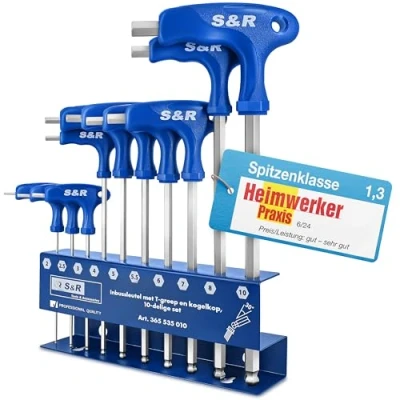 Afbeelding van S&amp;R Inbussleutelset HX, S2 hoogwaardig staal, T greep, kogelkop, gereedschapshouder van metaal, 10 stuks, 2 mm mm, zeskant sleutelset metrisch