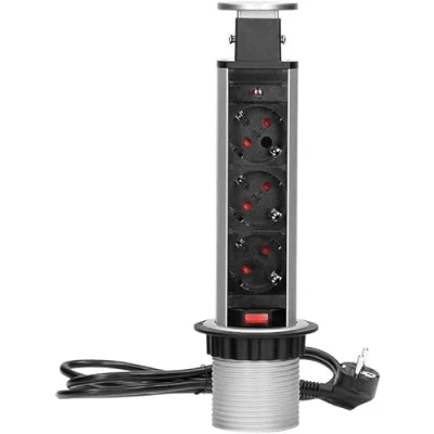 Afbeelding van Verticale Stekkerdoos Pop up Stekkerblok met 3 stopcontacten Ø 60mm Inbouw Verdeelstekker 1.8 meter kabel voor max. 3680 Watt Zwart