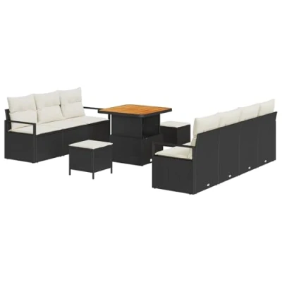 Afbeelding van vidaXL 10 delige Tuin Sofa Set met Kussens Zwart Poly Rattan Acacia, 2 zits Rattan, 3 Eet Acacia