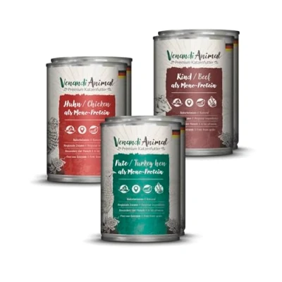 Afbeelding van Venandi Animal Premium Kattenvoer, natvoer, probeerpakket, kip, kalkoen, rund, graanvrij en natuurlijk, 6 x 400 g (6 stuks)
