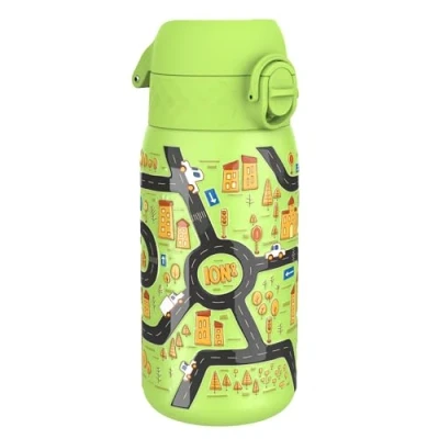 Afbeelding van ION8 Roestvrijstalen Kinderwaterfles, 400 ml/13 oz, Lekvrij, Makkelijk te Openen, Veilige Vergrendeling, Vaatwasserbestendig, Flipdop, Draaggreep, Duurzaam, Metalen Drinkfles, Design Auto’s