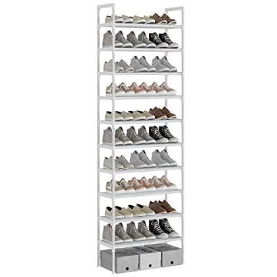 Afbeelding van AcornFort S 528 Wit 16mm Pijp Extra Stevige Schoenenrek met 10 Niveaus Lagen, Hoge Schoenenplank, voor 20 30 Paar Schoenen, Gang, Woonkamer, Afmeting 56 x 170cm