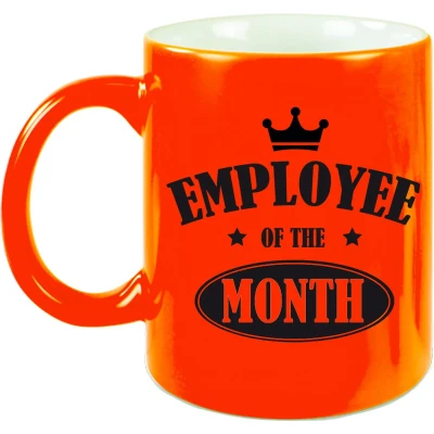 Afbeelding van 1x stuks personeel / collega cadeau mok neon oranje/ werknemer van de maand feest mokken
